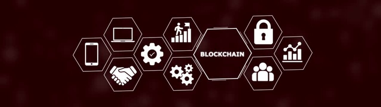 Blockchain technology concept with white hexagonal on a dark red background featuring digital network symbols and data connections