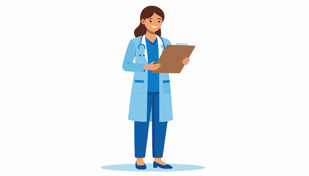 Female doctor wearing a lab coat and stethoscope holding a clipboard.