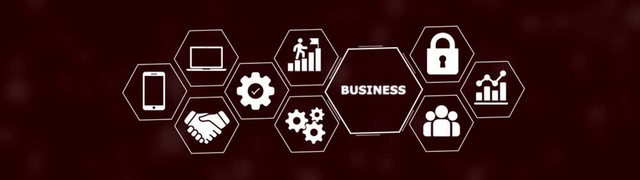White business arranged in hexagons on a dark maroon background with a central hexagon labeled business