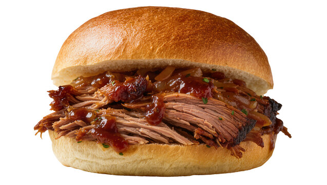Pulled beef sandwich with barbecue sauce and onions, isolated on transparent background
