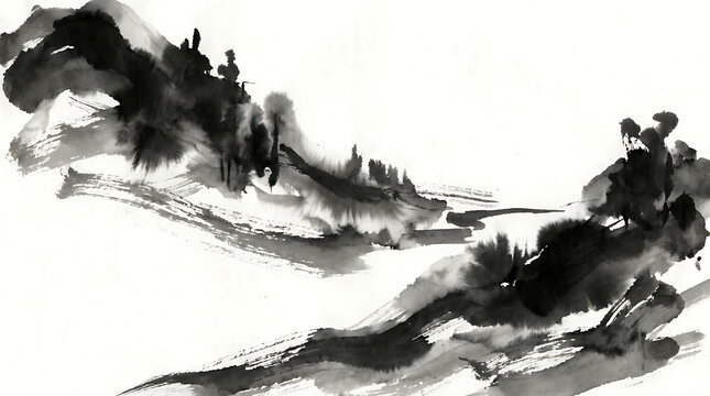 Black ink wash painting of misty mountains