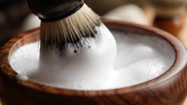 Traditional Shaving Brush Whipping Thick White Lather in Wooden Bowl