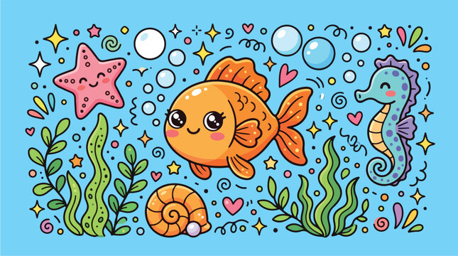 Colorful cartoon fish swimming underwater.