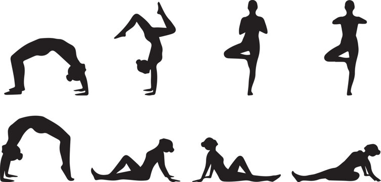 Yoga silhouettes collection of a female figure performing wheel pose handstand tree pose and stretching exercises isolated on white