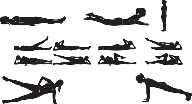 Fitness silhouette collection featuring a woman performing various floor exercises pilates routines and planks isolated on white background