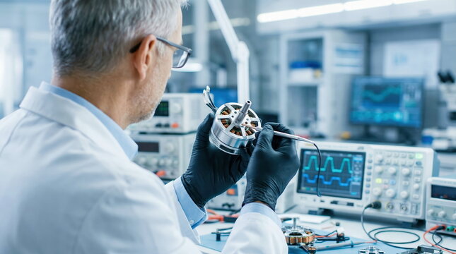 Engineer testing electric motor component with probe in modern electronics lab for robotics research and development.