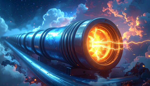 A futuristic cylindrical structure emitting intense energy, set against a backdrop of swirling clouds and an epic nighttime sky