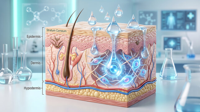3D skin anatomy cube model with stratum corneum epidermis dermis hypodermis labels in science research laboratory background for skincare.