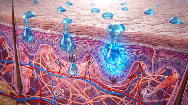 Blue water drops penetrating skin layer surface into dermis and collagen fiber network vector background for hydration cosmetic promo.