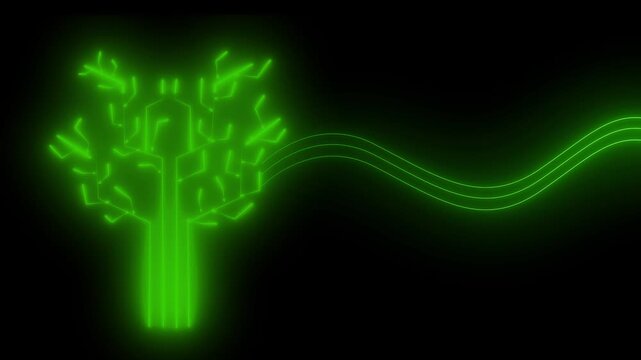 Glowing green neon data tree with flowing lines. Information technology tree symbol for digital cloud server storage. Digital data tree animation for computer files.