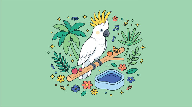 White Cockatoo Bird Perched Branch.