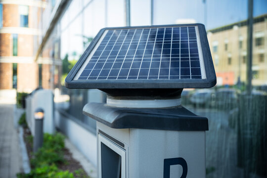 Close-up of parking meter powered with solar panel