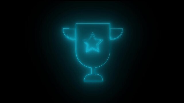 Cyan neon trophy icon with winner gold star. Award achievement symbol for sports championship tournament victory. Digital trophy icon animation for competition prize.