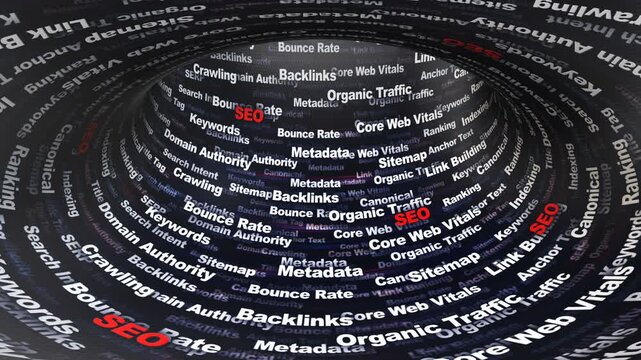 SEO Keywords Animation on Tunnel Walls, Background, Loop
