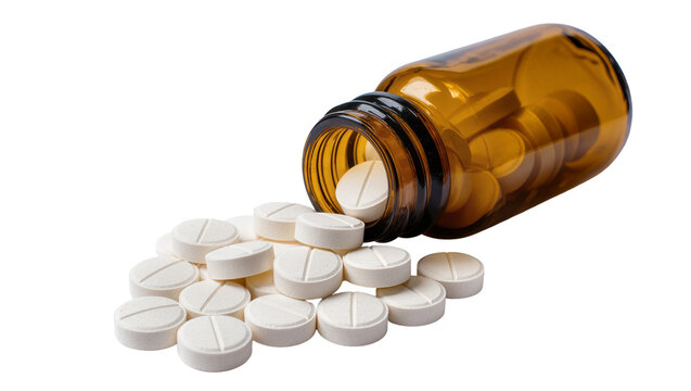 Amber glass medicine bottle spilling white round pills isolated on transparent background