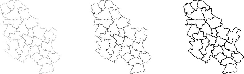 Obraz premium Three Outline Style Maps of Serbia Showing Administrative Districts in Varying Border Thickness on White Background