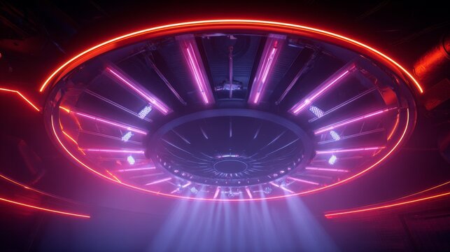 Futuristic UFO with glowing lights and vibrant colors in a dark setting.