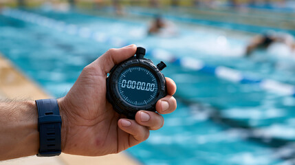 Fototapeta premium Coach holding digital stopwatch at edge of swimming pool. Man manual timekeeping for professional swimmer training. Sports competition measurement and performance tracking, active lifestyle.