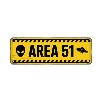 Area 51 sign with alien illustration yellow and black warning label
