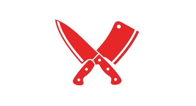 Red Crossed Chef Knives, Butcher Cleaver, Isolated on White Background