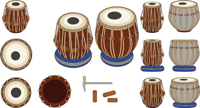 Traditional Indian Tabla Drum Vector Set with Musical Percussion Instruments Tuning Hammer Top View and Ring Base Elements for Cultural Designs