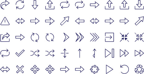 Fototapeta premium Blue Outline Arrow Icon Set Direction Refresh Rotate Upload Download Share Expand Shuffle Repeat Navigation Symbol Vector Line Collection Isolated White Background Design