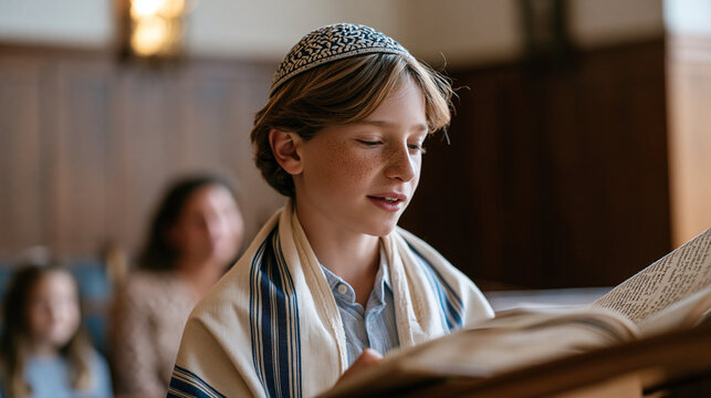 Young man in cap and tallit stands before an open Torah scroll at a bimah, reading aloud in Hebrew while his emotional mother and siblings watch from the front pew, the bar mitzvah rite of page capt