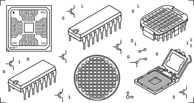 Microchip and Semiconductor Manufacturing Vector Line Icon Set Featuring CPU Processor, Silicon Wafer, Integrated Circuits, Transistors, and Socket for Hardware Engineering Designs