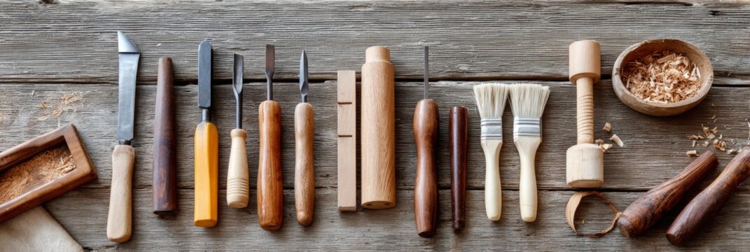A collection of woodworking tools arranged on a rustic wooden surface.