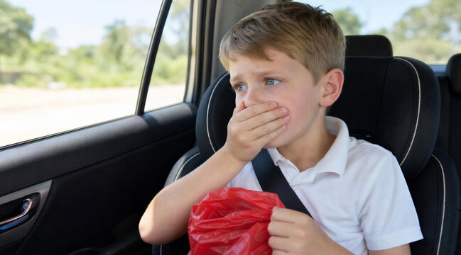 Little boy suffering from motion sickness during car travel