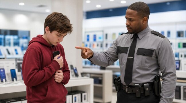 Security Guard Confronting Teenage Shoplifter in Electronics Store