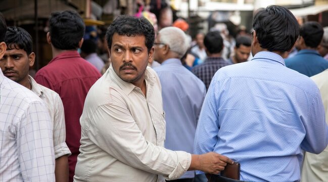 Pickpocket stealing a wallet from a man's pocket in a crowded street