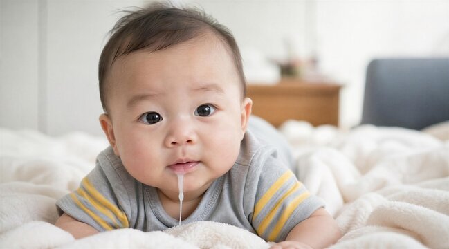 Asian baby spitting up milk while lying on a soft blanket