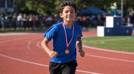 Obraz premium Young Boy Winner Running on Athletics Track with Gold Medal
