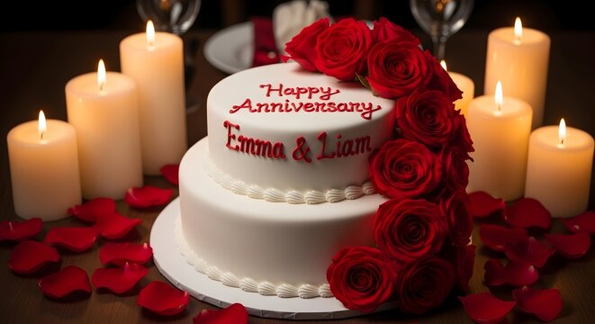 Romantic Anniversary Cake for Emma & Liam
White Two-Tier Wedding Anniversary Cake with Red Roses
Elegant Candlelit Anniversary Celebration Cake