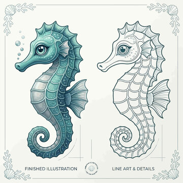 Seahorses swimming in ocean water with detailed line art and finished illustration