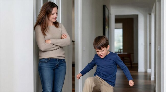 Disappointed mother watching son having emotional tantrum at home