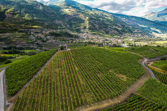 Aerial view of the lush green vineyards and the historic Aymavilles Castle nestled in the alpine landscape of Aymavilles, Aosta Valley, Italy.