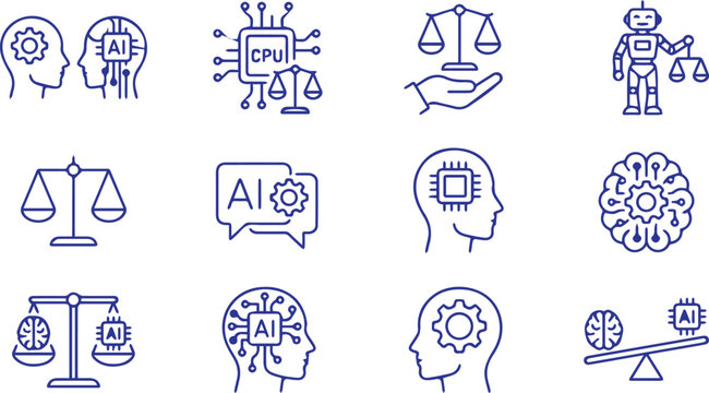 Outline AI Ethics Icon Set Artificial Intelligence Justice Scale Robot Brain CPU Balance Law Technology Vector Line Collection Isolated White Background Modern Design