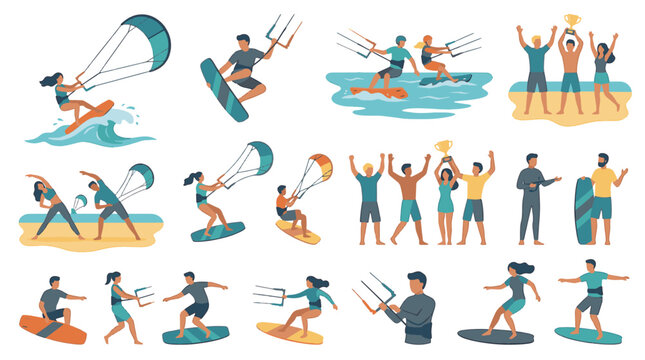 Comprehensive set of thirty diverse kite illustrations in a flat vector style, featuring various geometric shapes, vibrant colors, and tail designs for outdoor summer recreation.