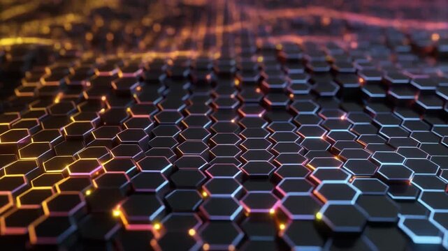 Futuristic hexagonal grid surface glowing with light points, symbolizing advanced technology, digital networks, and artificial intelligence visualization.