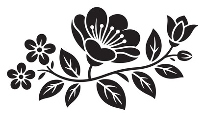 Obraz premium Black and white floral branch illustration with elegant blooming flowers and detailed leaves for decorative design elements and creative artistic projects