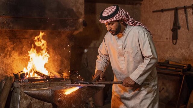 Blacksmith Crafting Metal with Fire and Sparks