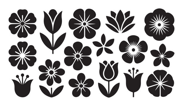 Set of black flower icons and blossom silhouettes for nature design elements and floral spring garden graphics