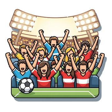 Cheering soccer fans in stadium seats.