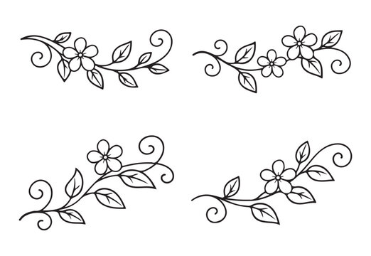 Set of hand drawn floral flourishes with small flowers and leaves for decorative border design elements