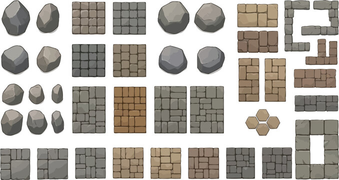 Collection of stylized stone textures boulders and paving patterns for game environment design and architectural background vector illustration