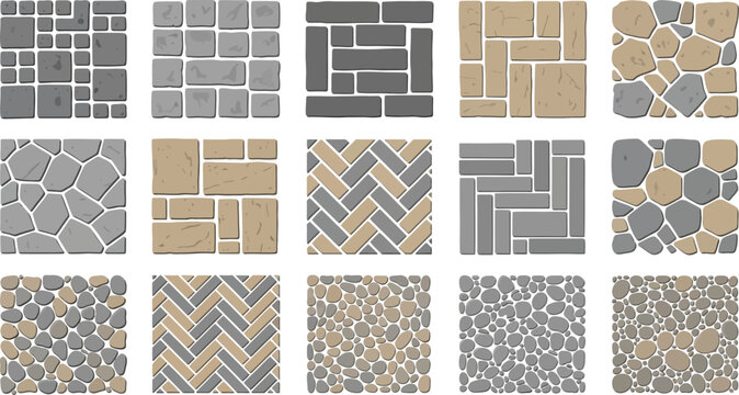 Collection of various paving stone patterns including cobblestone, brick, and pebble textures for architectural landscaping and outdoor flooring vector illustration