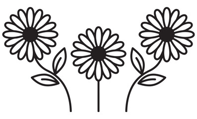 Three simple daisy flowers with stems and leaves in a flat black line art illustration style © abdurrahimsofikul
