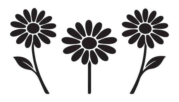 Three simple black daisy flower icons with petals and stems